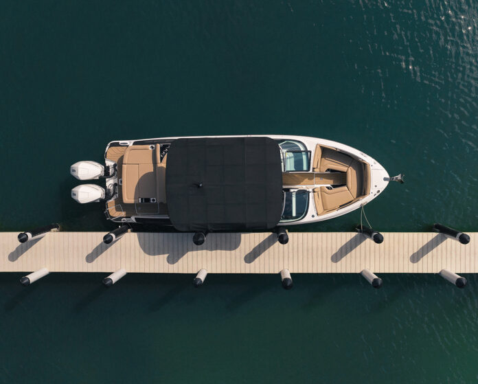 Aerial view of an SLX 280 Outboard at a dock